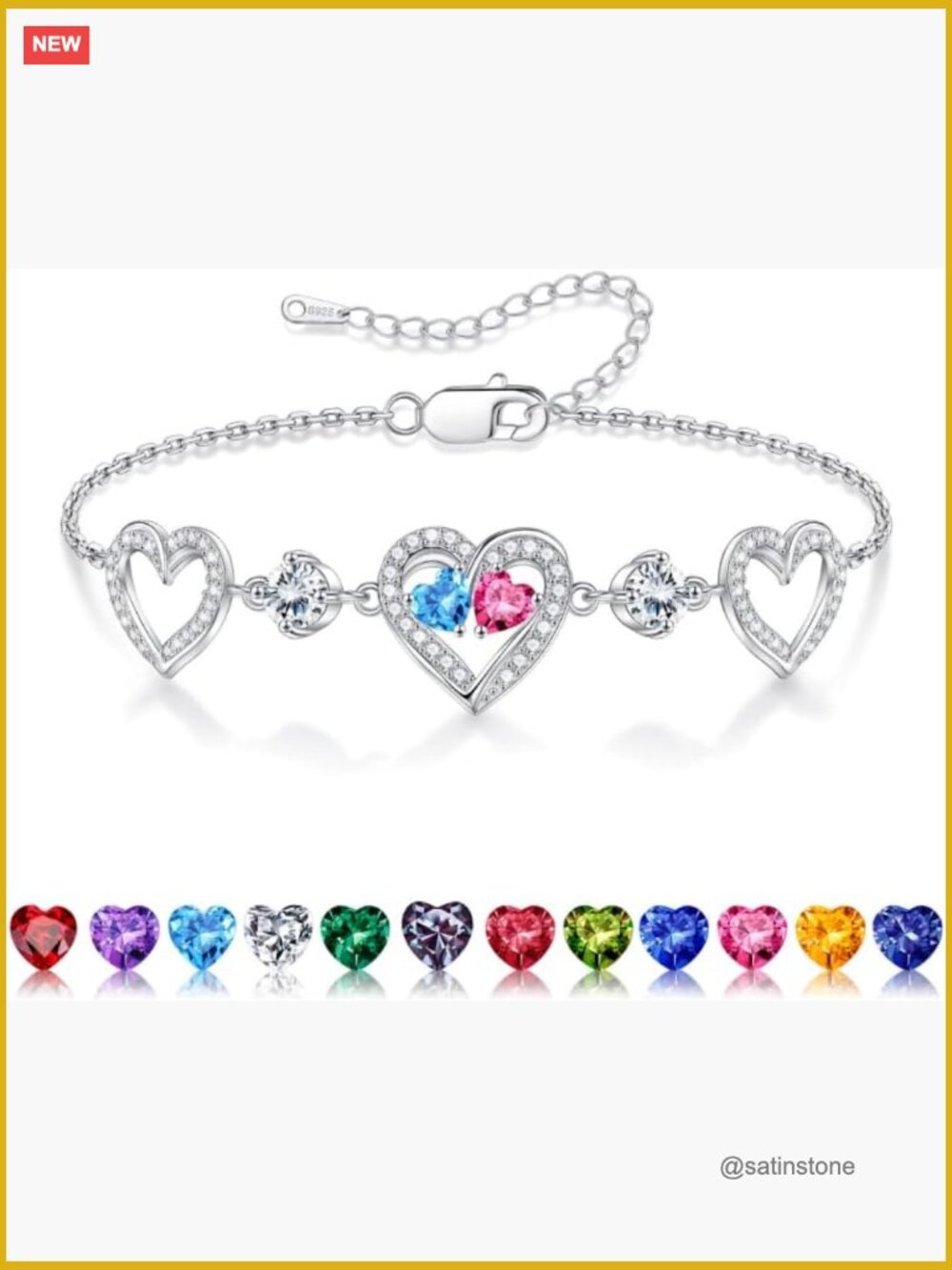 Sterling Silver Heart Birthstone Bracelet - Link Charm Bracelet